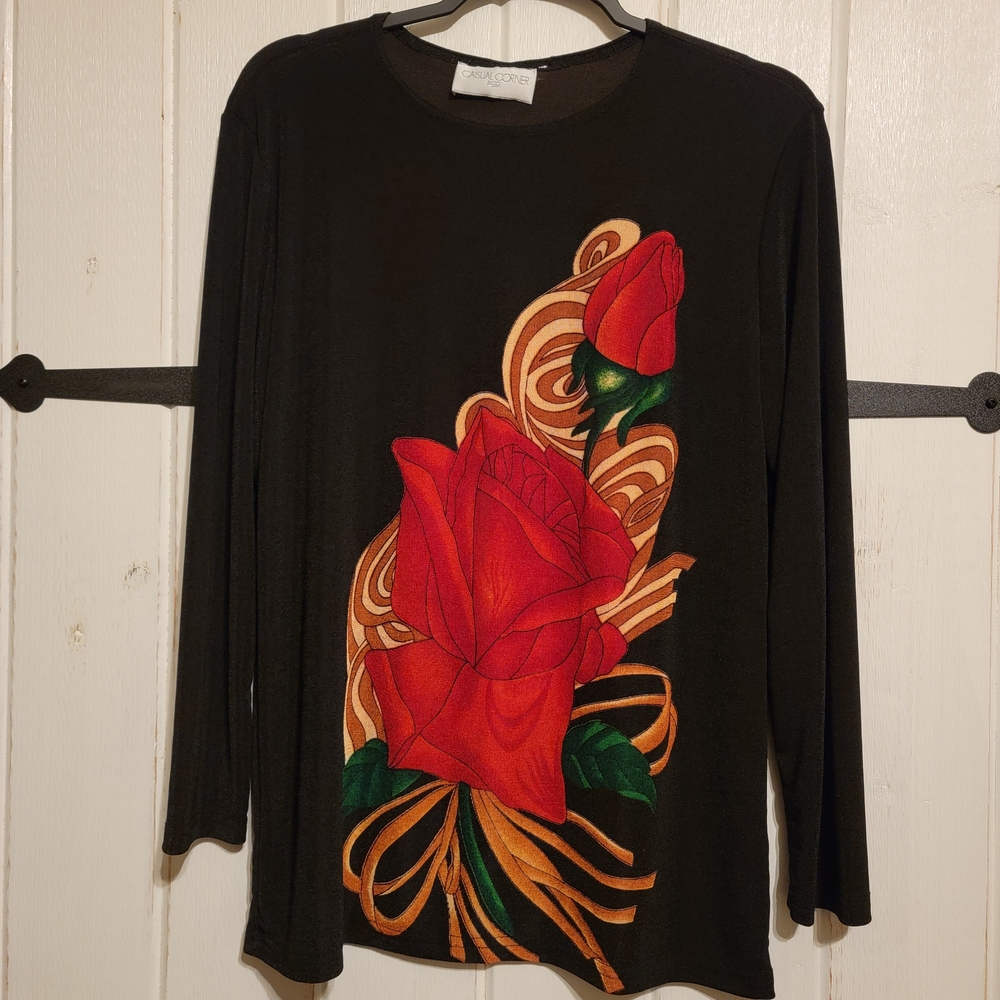 Casual Corner Womens Top Elegant Black Red Rose Lightweight Size Medium